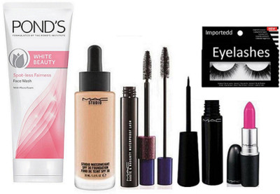 

Importedd Eyelashes, Mac Liquid Eyelinear, Hauty Naughty Mascara, Matte finish Lipstick, Studio Waterweight Foundation, Pond's White Beauty Spot-Less Fairness Face Wash(Set of 6)