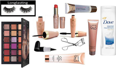 

longlasting Eyelashes With Lakme 9to5 Eyeliner And Mascara, Mousse Foundation & Eyelashes Curler,CC Color transform Cream With Infallilible Mattifying Primer,Mac Stick Kajal,Dove Essential Nourishment Body lotion & Huda Beauty Palette(Set of 11)