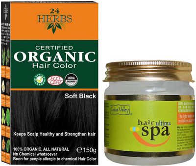 

24 Herbs Certified Organic Soft Black No Ammonia Hair Color with Hair Ultima Spa Combo Kit(Set of 2)