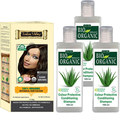 

Indus Valley 100% Organic Botanical Dark Brown Semi-permanent Hair Color with 3 Set of Colour Protection Shampoo Combo Pack(Set of 4)
