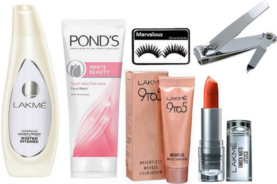 

Fancify eyelashes, 9 to 5 weightless mousse foundation , ponds white beauty fash wash ,lakme maximum moisturer body lotion & nail clipper with enrich lipstick(Set of 6)