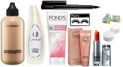 

TIARA eyelashes , mac face and body foundation, lakme maximum winter intense body lotion, 9 to 5 weightless mousse foundation, enrich lipstick , ponds white beauty face wash with pen eyeliner & Magic Napkin(Set of 9)