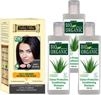 

Indus Valley 100% Organic Botanical Soft Black PPD free Hair Color with 3 Set of Colour Protection Shampoo Combo Pack(Set of 4)
