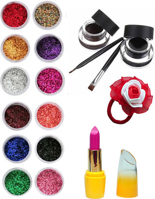 

Vozwa Colourful Sparkles Nail Art Glitter Powder 12 Pcs, Music Flower Gel Eyeliner, Lipstick and Band(Set of 15)