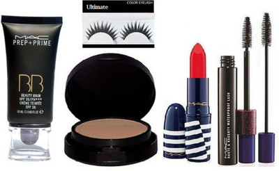 

Ultimate Eyelashes & Mac Matte Finish Lipstick Red, Haute & Naughty Black Double Effect Mascara, Powder Plus Foundation Studio Fix Pressed Powder compact, Prep+Prime BB BEauty Balm Cream Foundation(Set of 5)