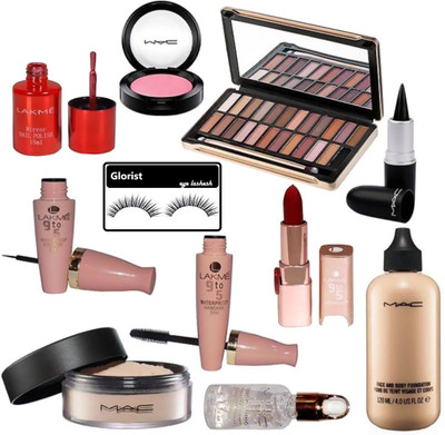

glorist Eyelashes, 4 Double Shade Eyeshadow Palette, Lakme 9 To 5 Eyeliner & Mascara, Matte Finish Lipstick, Black Stick Kajal, Face And Body Foundation, Radiance Primer, Loose Powder Compact, Lakme Waterproof Red Color Mirror Nail Polish & One Shade Pink