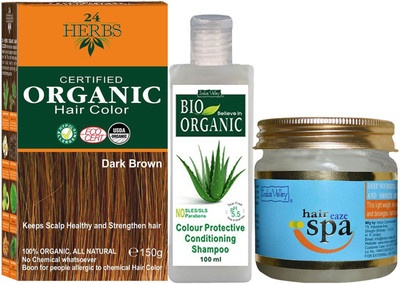 

24 Herbs Certified Organic Dark Brown Chemical Free Hair Color with with Hair Eaze Spa and Colour Protection Shampoo Combo Kit(Set of 3)