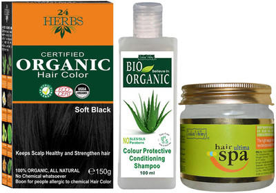 

24 Herbs Certified Organic Soft Black Gentle Hair Color with with Hair Ultima Spa and Colour Protection Shampoo Combo Kit(Set of 3)