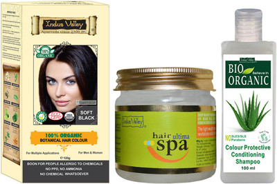 

Indus Valley 100% Organic Botanical Soft Black Ammonia free Hair Color with Hair Ultima Spa and Colour Protection Shampoo Combo Pack(Set of 3)