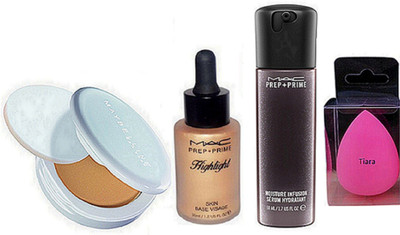 

tiara Sponge Puff & Mac Prep+Prime Highlighter , Face serum , Maybelliene New york compact(Set of 4)