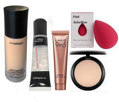 

Pink rebellion Sponge Puff & Mac Lightful Compact Pressed Powder Naturally ,Match Master Foundation,Mattifying BASE Face Primer & Lakme 9 To 5 Weightless Mousse Foundation(Set of 5)