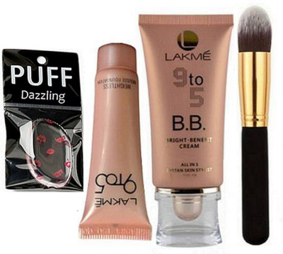 

Dazzling Silicon puff & lakme 9to5 mousse & lakme BB Cream With makeup brush(Set of 4)