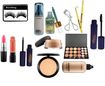 

Ravishing Eyelashes, Losse Powder, Matchmaster Foundation, Liptensity, Pink Lipstick, Gold Radiance Primer, 20 Shades Conceler Pellet, Face And Body Foundation, Colossal Kajal, Studio Fix Compact, CurlerPadma Eyeliner And MAscara, Gel Eyeliner(Set of 13)