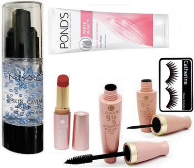 

catherine eyelashes, Mac skin caviar primer, lakme 9to5 eyeliner and mascara, lipstick, ponds white beauty spot less face wash(Set of 6)
