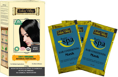 Indus Valley 100% Organic Botanical Indus Black PPD free Herbal Hair Color with 3 Free Hair Spa Sachets(Set of 4)