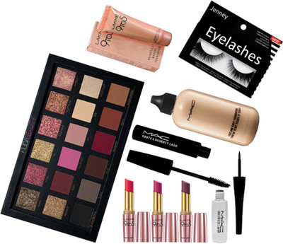 

jenney Eyelashes & Huda Beauty Palette & Lakme 9 To 5 (pack of 3) & Face And Body Foundation & Mac Eyeliner & Haute & Naughty Lash Mascara & Lakme 9 To 5 Mousse(Set of 9)