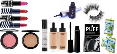 

Ultimate Silicon Puff With Studio Waterweight Foundation pack of 2 & Liquid Eyeliner and Mascara,Pearl Primer,Pink Shade Blusher & Compact,Matte Finish lipstick 4 Shades & Magic Napkin Pack Of 3(Set of 16)