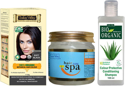 

Indus Valley 100% Organic Botanical Soft Black PPD free Hair Color with Hair Eaze Spa and Colour Protection Shampoo Combo Pack(Set of 3)