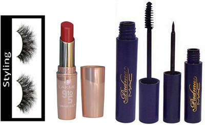 

styling Eyelashes, Lakme 9to5 crease-less Lipstick, Padma Mascara With Liquid Eyeliner(Set of 4)