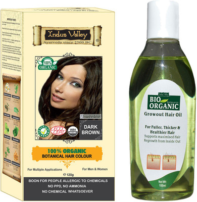 

Indus Valley 100% Organic Botanical Dark Brown Hypoallergenic Hair Color with Hair Regrowth Oil Combo Kit(Set of 2)