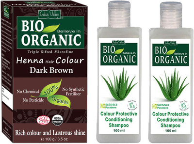 

Indus Valley Bio Organic Dark Brown Henna Hair Color with 2 Set of Colour Protection Shampoo Combo Pack(Set of 3)