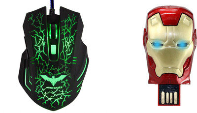 

DARK EDGE EXTREME 966 USB GAMING MOUSE WITH Iron Man Head 16 Gb Usb Pen Drive Metal Face With Glowing Led Eyes Combo Set