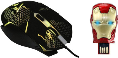 

DARK EDGE XM505 USB GAMING MOUSE WITH Iron Man Head 16 Gb Usb Pen Drive Metal Face With Glowing Led Eyes Combo Set