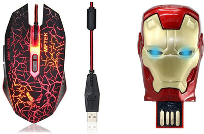 

DARK EDGE XM-508 Wired Optical Gaming Mouse WITH Iron Man Head 16 Gb Pen Drive Metal Face With Glowing Led Eyes Combo Set
