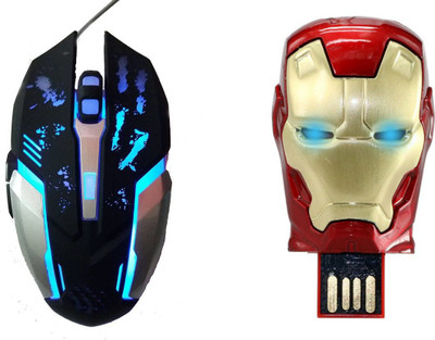 

DARK EDGE RM200 Wired Optical Gaming Mouse WITH Iron Man Head 16 Gb Pen Drive Metal Face With Glowing Led Eyes Combo Set