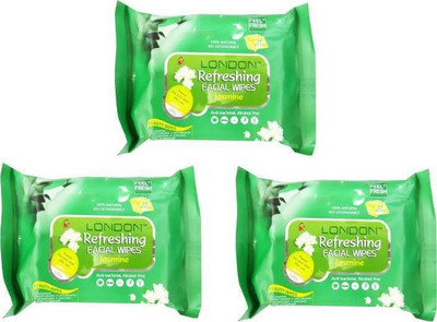 

LONDON Refreshing FACIAL WIPES [ ORIGINAL PRODUCT ] 100% NATURAL, HYGENIC & REFRESHING WET WIPES [ 25 WIPES PER PACK ] 3 JASMINE PACK(Pack of 25)