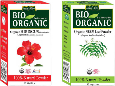 

Indus Valley Bio Organic Neem Powder and Pure Hibiscus Powder for Smooth and Shiny Hairs Set of 2(200 g)