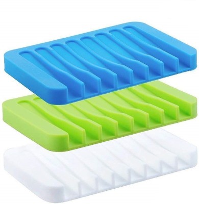 Ramkuwar ilicone Soap Holder, Soap Dish Stand Saver Tray Case for Shower, Silicone Dishes for Bathroom Kitchen Counter Sink for Bar Soap Sponge, Keep Soap Bars Dry and Clean. Pack of 3(White, Green, Blue)