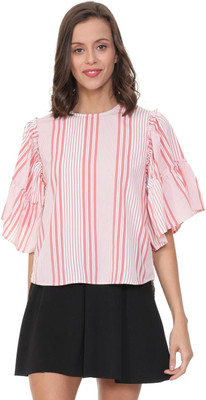 People Casual Flared Sleeve Striped Women Pink Top