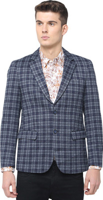 BASICS Checkered Tuxedo Style Casual Men Blazer(Dark Blue)