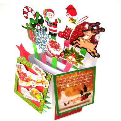 

RMantra Christmas, Card in a Box, 3D Pop-Up , Santa, Carolers, Reindeer Handmade Greeting Card(Red, Pack of 1)