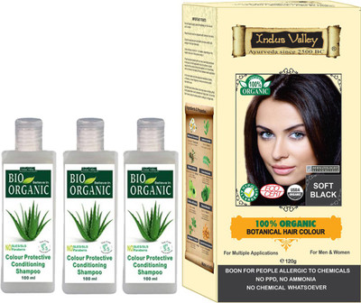 

Indus Valley Combo Pack of 100% Botanical Soft Black Hair Color (PPD free) + 3 Set of Color Protection Shampoo(Set of 4)