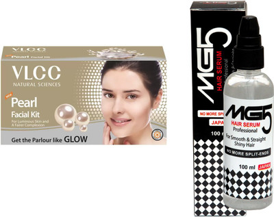 

VLCC Pearl Facial Kit 60 g and MG5 Hair Serum Professional for smooth & Straight Shiny hair 100 ml(Set of 2)