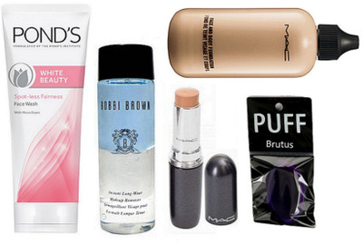 

BRUTUS Silicon Puff, Mac Face And Body Foundation, Concealer Stick, Bobbi Brown Long Wear Makeup Remover, Pond's White Beauty Spot-Less Fairness Face Wash(Set of 5)