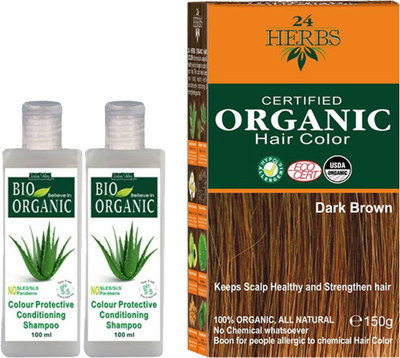 

Indus Valley Combo pack of Organic 24 Herbs Dark Brown Hair Color + 2 pcs of Color Protective Conditioning Shampoo(Set of 3)
