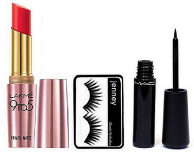 

jenney Eyelashes, 9 to 5 Primer + Matte Lipstick Crimson, Mac Liquid Eyeliner liquidlast eyeliner(Set of 3)