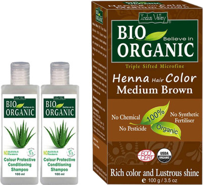 

Indus Valley Combo Pack of Bio Organic Medium Brown Henna Hair Color + 2 Set of Color Protection Shampoo(Set of 3)
