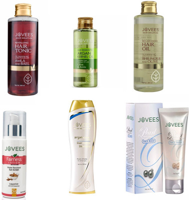

Jovees Revitalizing Hair Tonic & Bio Advanced Hair Oil & Hair Regrowth Argan Kernel Oil & Fairness Lotion & Hair Repair Shampoo & Pearl Face Wash.(Set of 6)