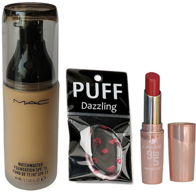 

Dazzling Silicon Puff & Mac Matchmaster Foundation & Lakme 9to5 crease-less Lipstick(Set of 3)