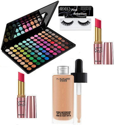 

Pink rebellion Eyelashes & Mac 88 Shades Eyeshadow Palette & Studio Waterweight Foundation & Lakme Enrich Lipstick (Pack Of 2)(Set of 5)