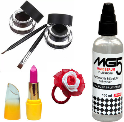 

Music Flower Long Wear Gel Eyeliner Smudge Proof & Waterproof (Black And Brown ), MG5 Hair Serum, Lipstick and Band(Set of 4)