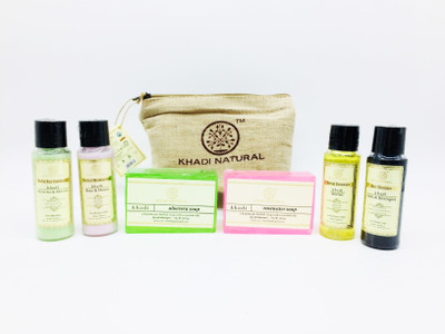 

Khadi Natural AYURVEDIC TRAVEL KIT (Combo) (2 SOAPS X 75GMS, 1 FACEWASH X 30ML, 1 SHAMPOO X 30ML, 1 MOISTURISER X 30ML, 1 HAIR OIL X 30ML)(Set of 6)