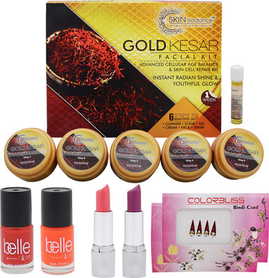 

NutriGlow Skin radiance gold kesar facial kit with makeup combo set of 6 (2 lipsticks, 2nail paints , 2 bindi )(Set of 7)