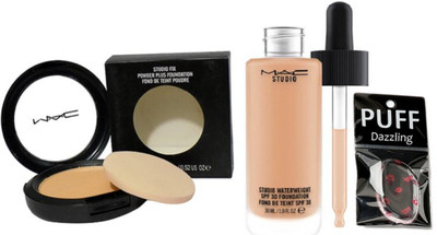 

Dazzling Silicon puff , mac studio water weight Liquid Foundation Beige SPF 15 with studio fix powder plus compact (Set of 3)(Set of 3)
