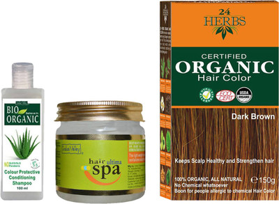 

Indus Valley Combo pack of Organic 24 Herbs Dark Brown Hair Color + 1 Color protective Shampoo + 1 Hair Ultima Spa(Set of 3)