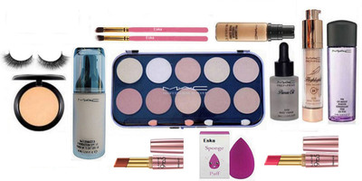 

eska MakeUp Brush, Mac Matchmaster Foundation, Compact, Pro Longwear Concealer, Prep-Prime Primer Oil, Highlight, MakeUp Remover, 10 Shade Concelaer Pelette, Eyelashes, Sponge Puff & Lakme 9 to 5 Prime Lipstick(Set of 13)